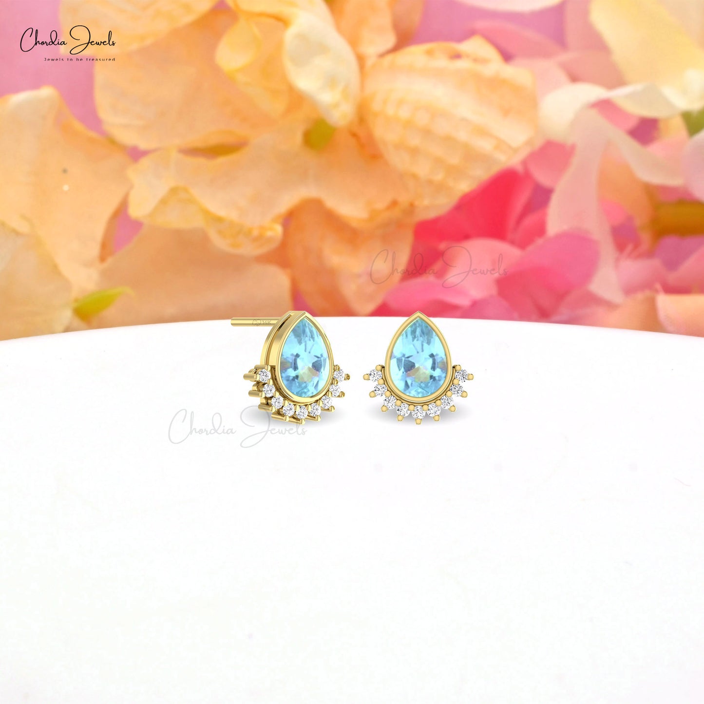 Teardrop Flare Earrings With 7x5mm Aquamarine Diamond Accents In 14k Solid Gold Jewelry