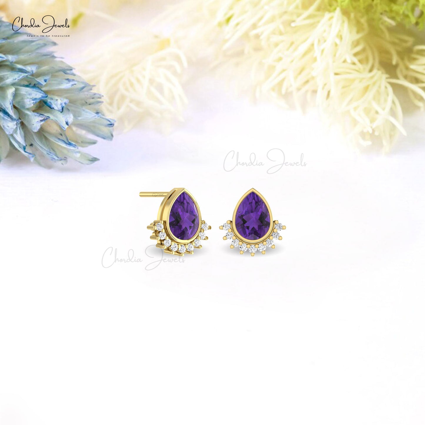 Natural 1.26Ct Purple Amethyst with Diamond Accents in 14k Real Gold Flare Studs