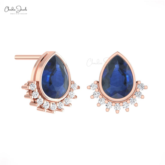 Bezel Set 1.8ct Blue Sapphire And Diamond Flare Stud Earrings In Real 14k Gold