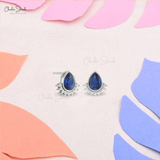 Bezel Set 1.8ct Blue Sapphire And Diamond Flare Stud Earrings In Real 14k Gold