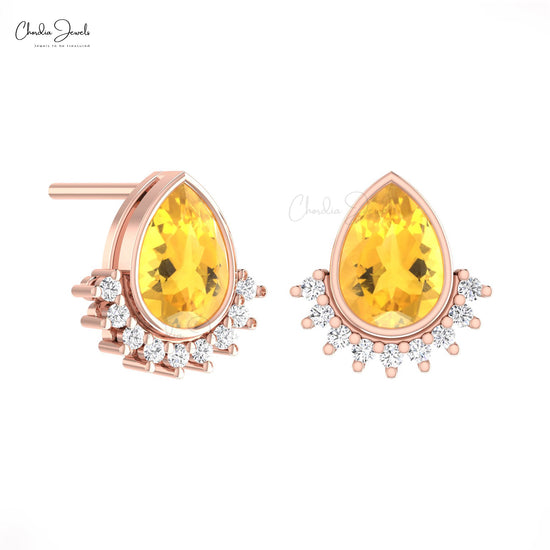 Citrine 1.26 Ct Pear Gemstone And Diamond Accents In 14k Solid Gold Flare Stud Earrings