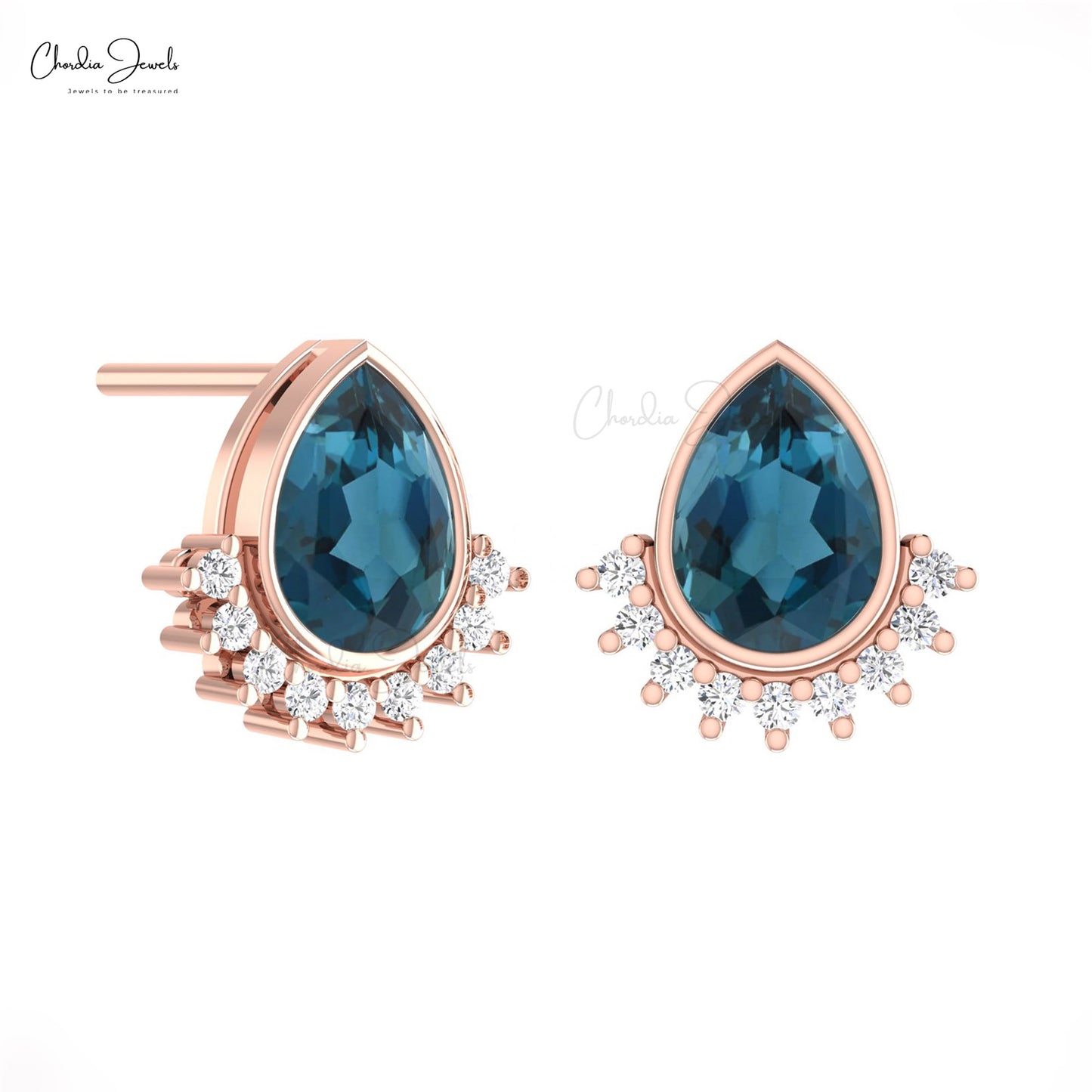 Real 14k Gold London Blue Topaz 7x5mm Pear Gemstone And Dainty Diamond Flare Stud Earrings