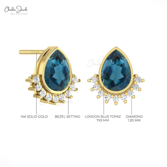 Real 14k Gold London Blue Topaz 7x5mm Pear Gemstone And Dainty Diamond Flare Stud Earrings