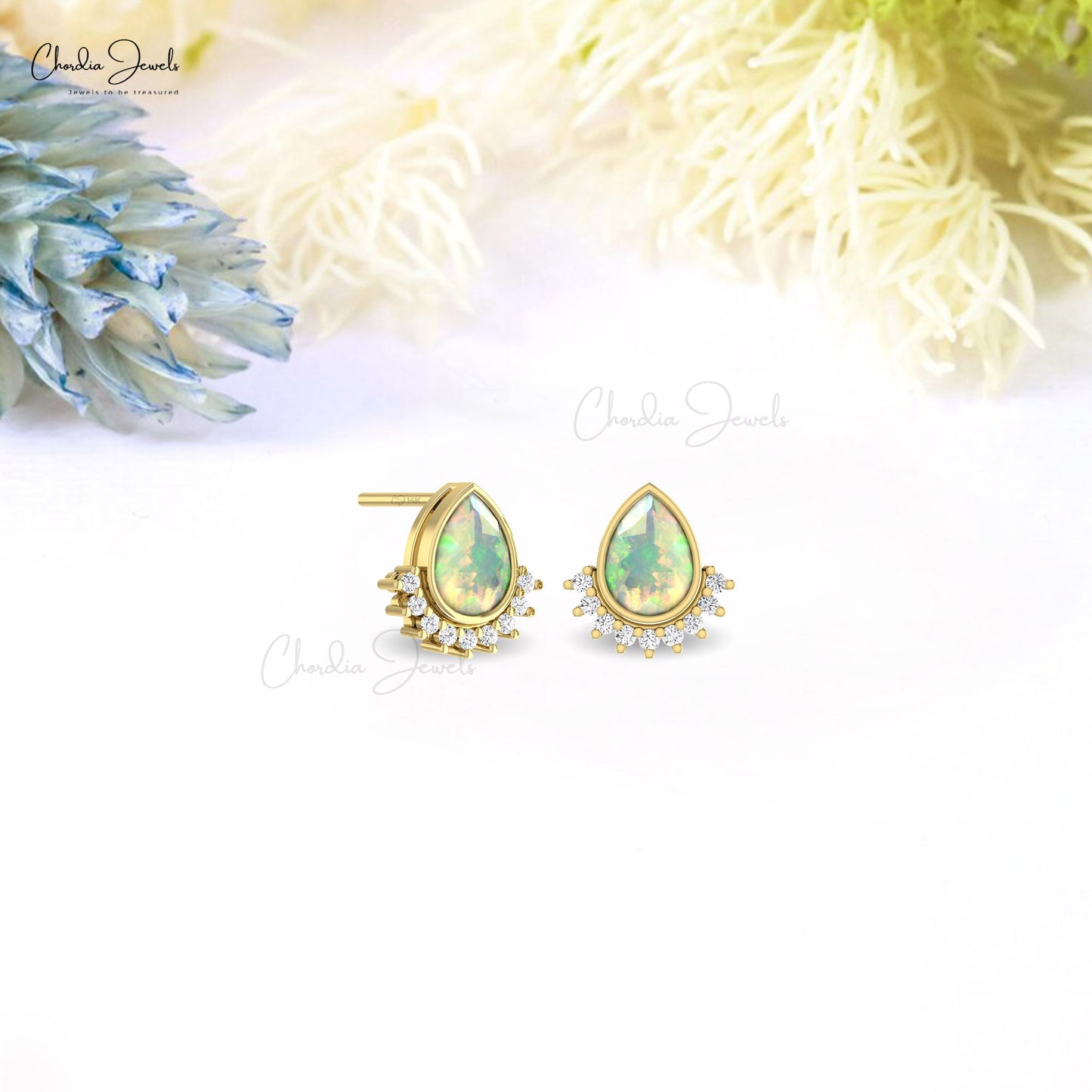 Diamond Flare Studs with 1.26 Ct Fire Opal Gemstone 14k Solid Gold Earrings