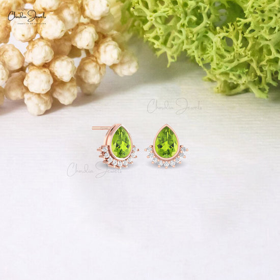 Green Peridot Gemstone And Diamond Accents In 14k Solid Gold Push Back Flare Studs