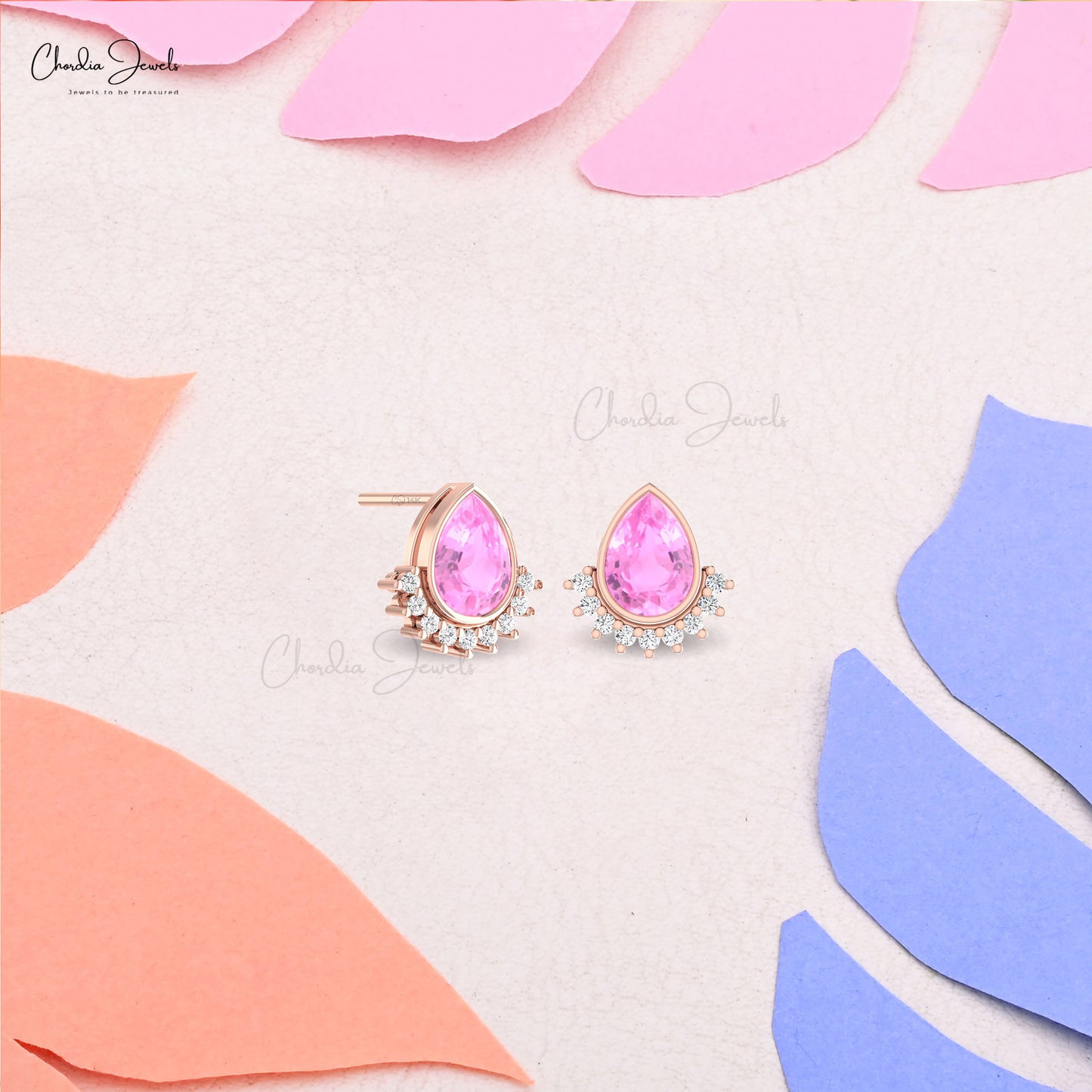 Genuine 1.8 CT Pear Pink Sapphire Studs With Diamond Accented In 14k Gold