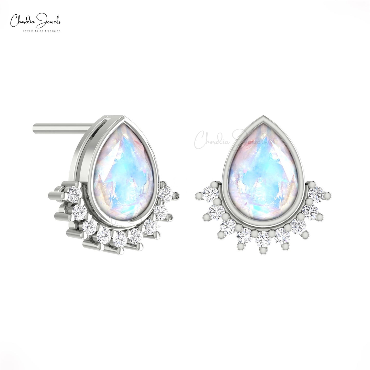 Tear Drop Moonstone Bezel Set Studs In 14k Solid Gold With Dainty Diamond Flare Earrings