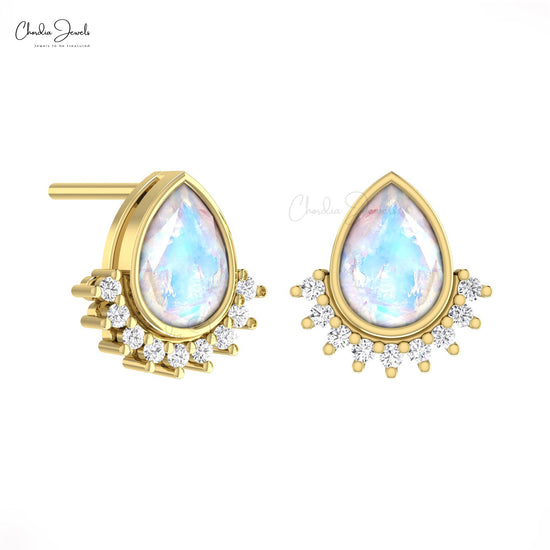 Tear Drop Moonstone Bezel Set Studs In 14k Solid Gold With Dainty Diamond Flare Earrings