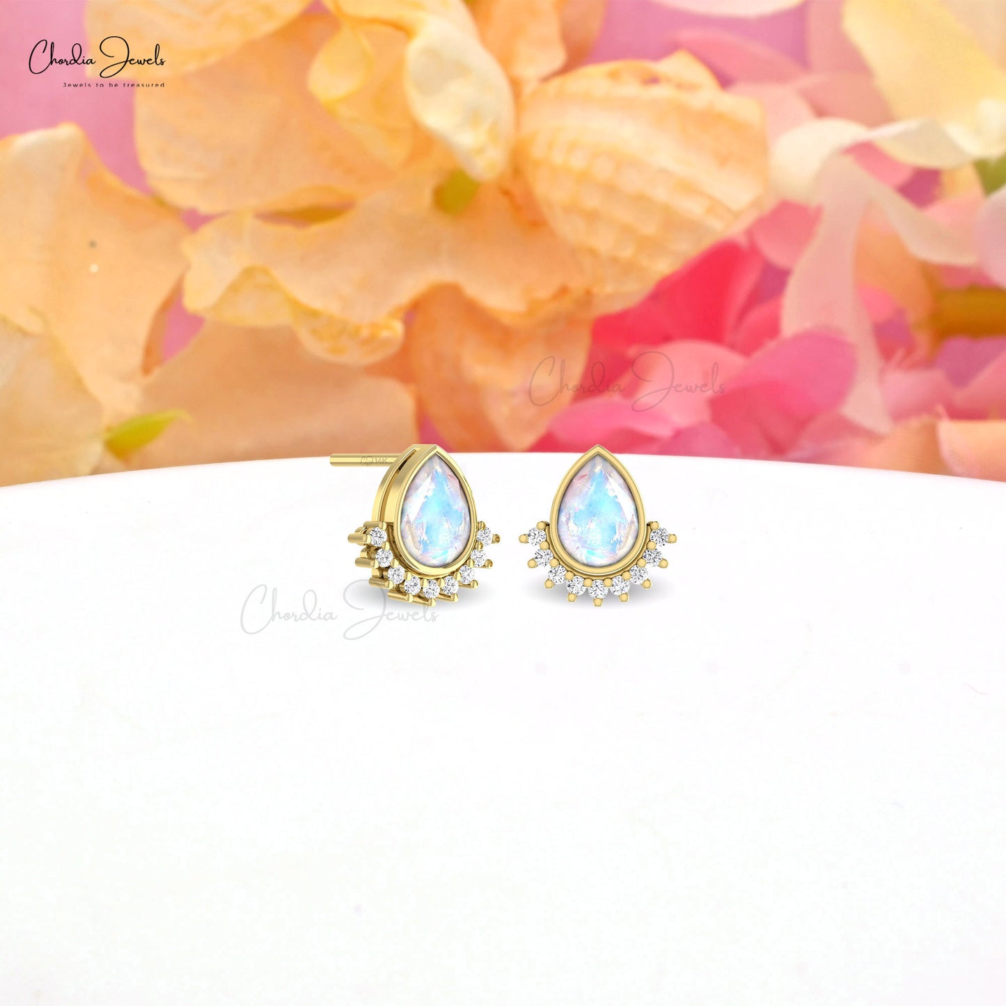 Tear Drop Moonstone Bezel Set Studs In 14k Solid Gold With Dainty Diamond Flare Earrings