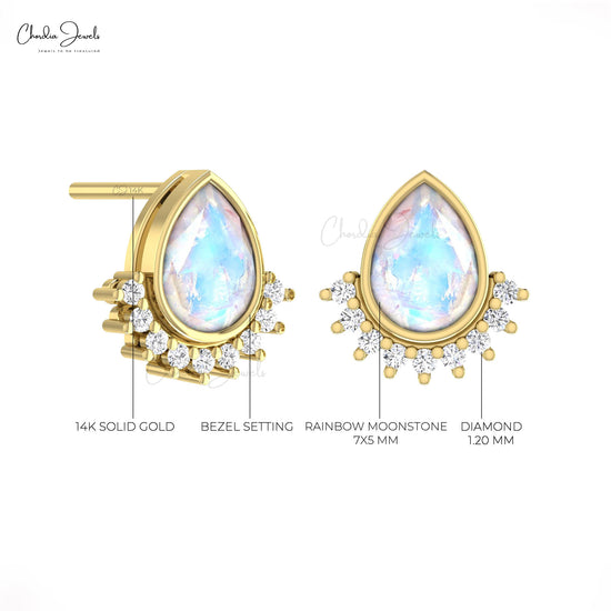 Tear Drop Moonstone Bezel Set Studs In 14k Solid Gold With Dainty Diamond Flare Earrings