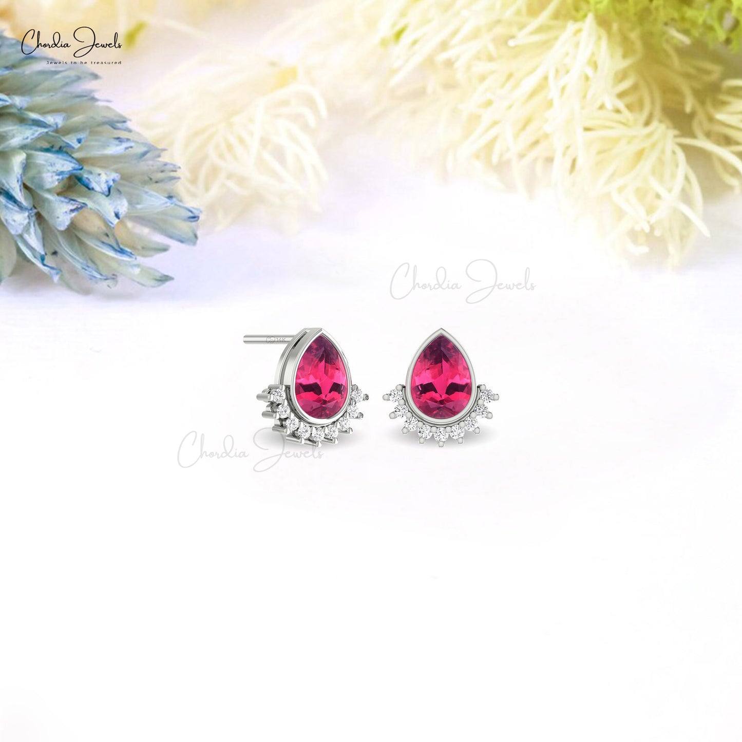 Teardrop Natural Pink Tourmaline and Diamond Accented Studs in 14k Solid Gold Flare Earrings