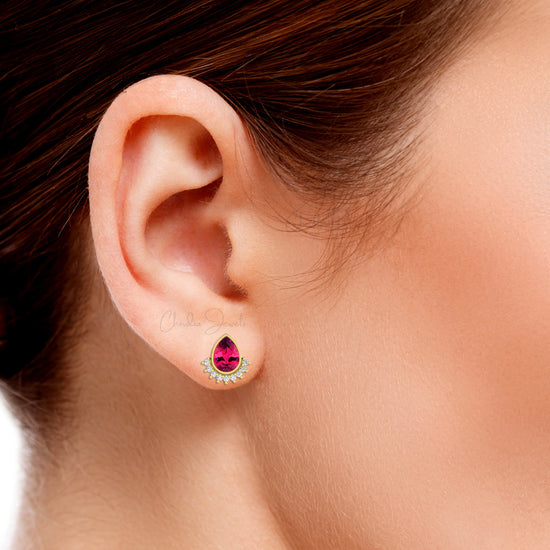 Teardrop Natural Pink Tourmaline and Diamond Accented Studs in 14k Solid Gold Flare Earrings