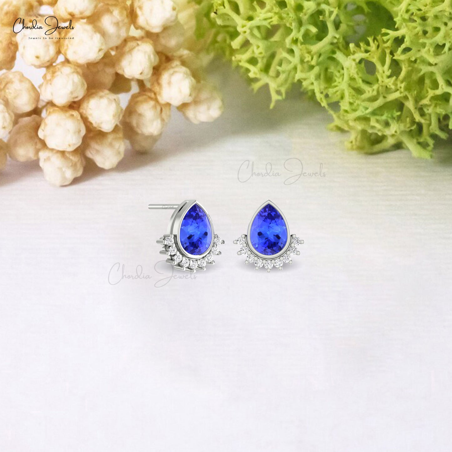 Pear Shape Minimalist Earring With 7x5mm Tanzanite And Diamond 14k Pure Gold Flare Studs