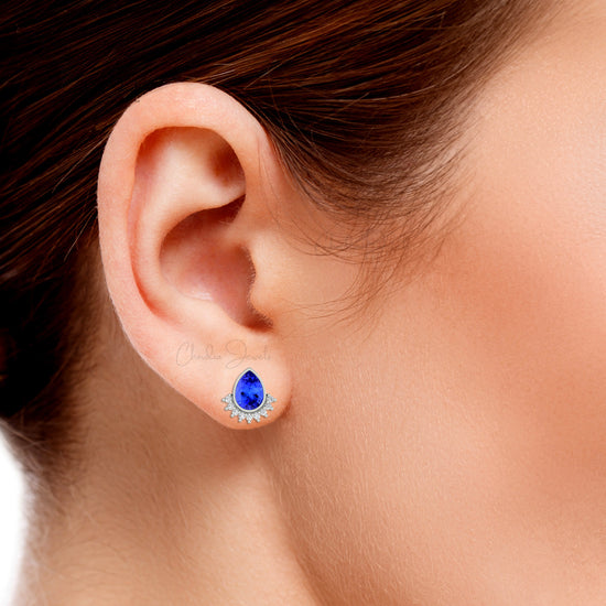 Pear Shape Minimalist Earring With 7x5mm Tanzanite And Diamond 14k Pure Gold Flare Studs