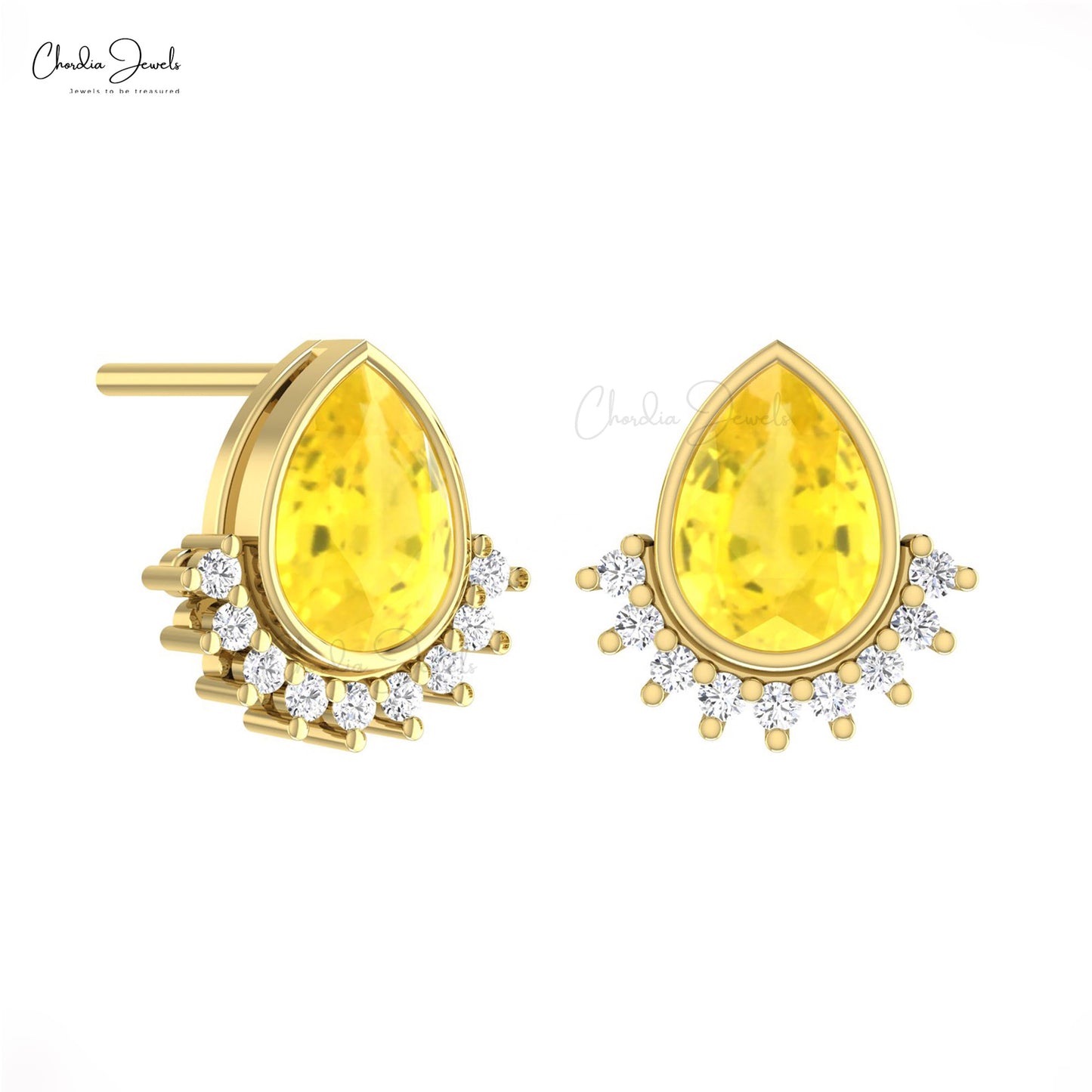 Genuine Yellow Sapphire Gemstone With 14k Solid Gold Diamond Flare Stud Earrings For Her