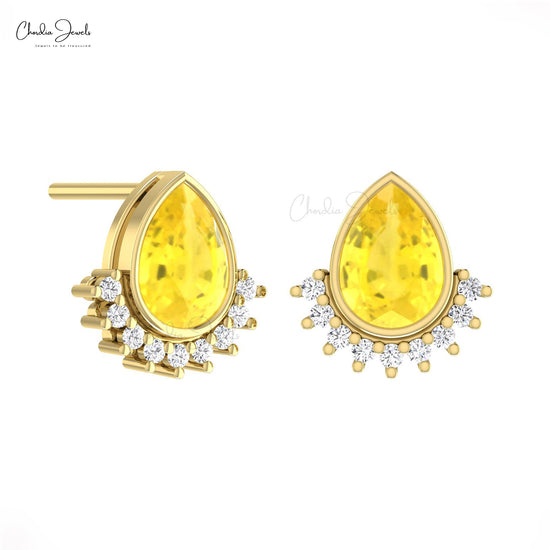 Genuine Yellow Sapphire Gemstone With 14k Solid Gold Diamond Flare Stud Earrings For Her