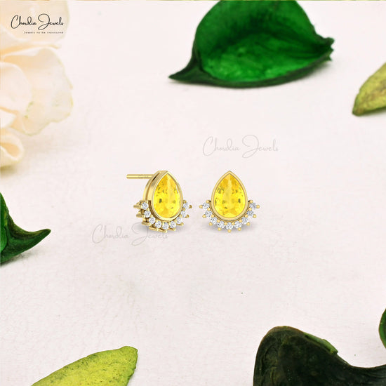 Genuine Yellow Sapphire Gemstone With 14k Solid Gold Diamond Flare Stud Earrings For Her