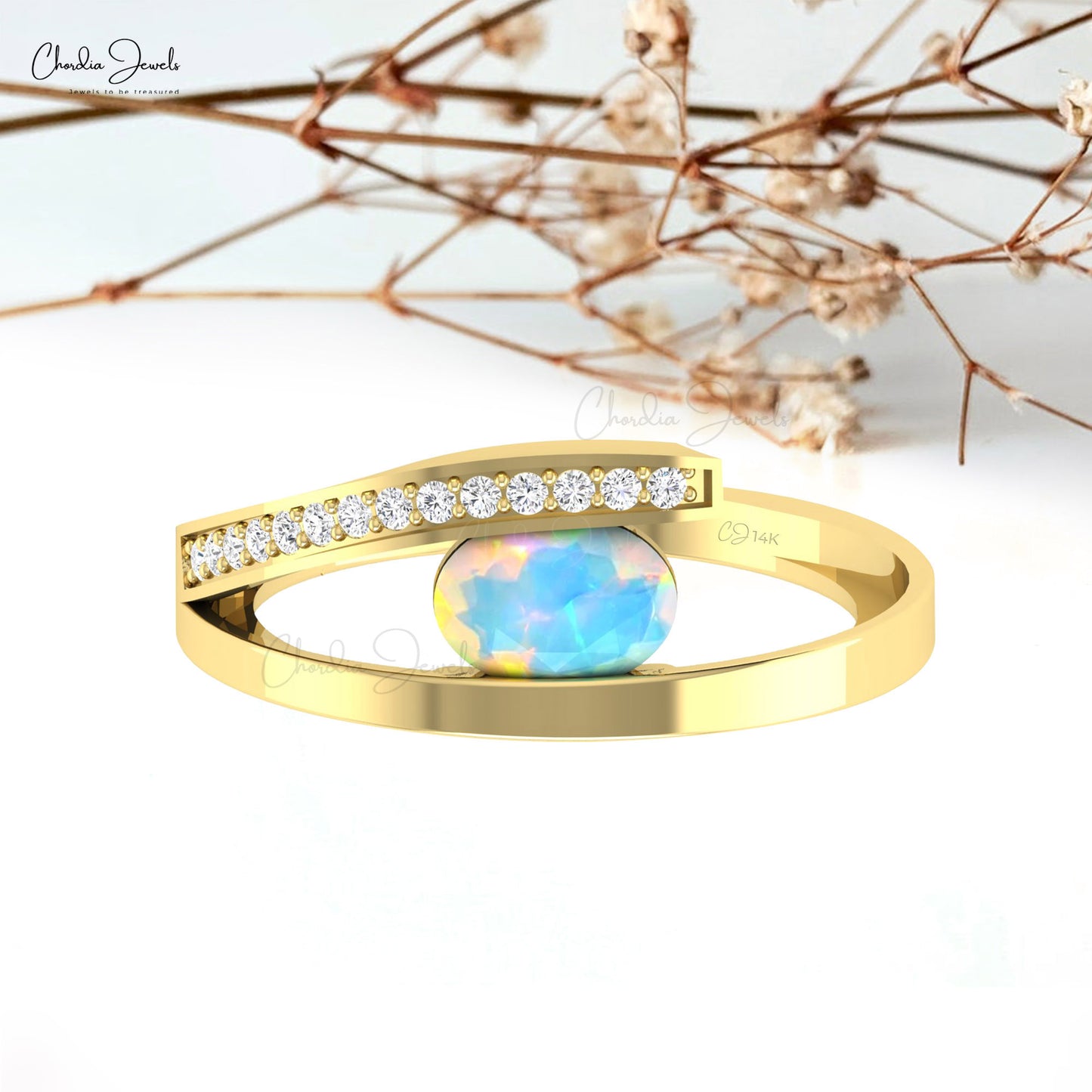 Split Shank 0.72 Ct Fire Opal With Pave Diamond Accents in 14k Real Gold Bypass Wedding Ring