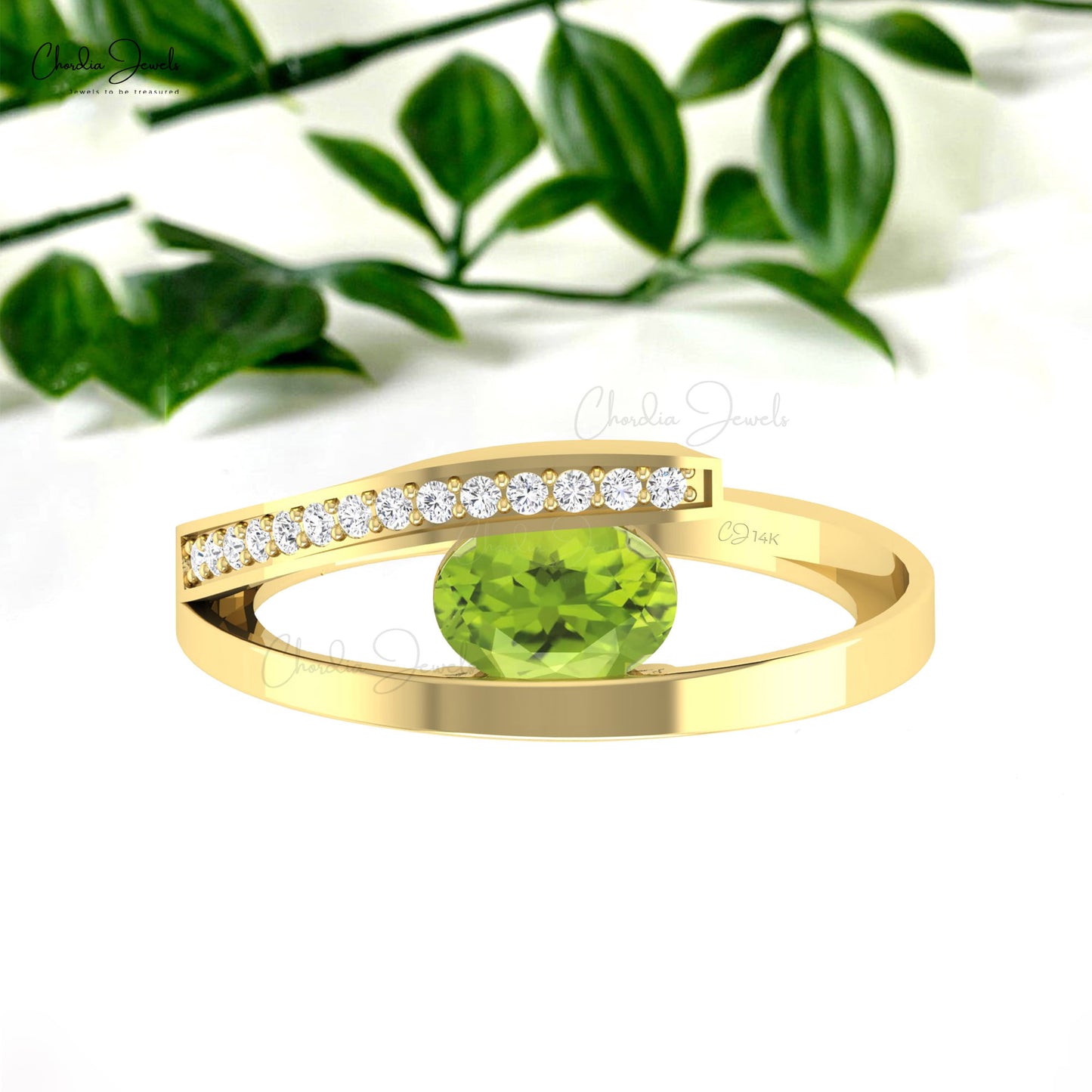 Real 14k Gold Bypass Ring With Oval Green Peridot And Diamond Split Shank Rings For Her