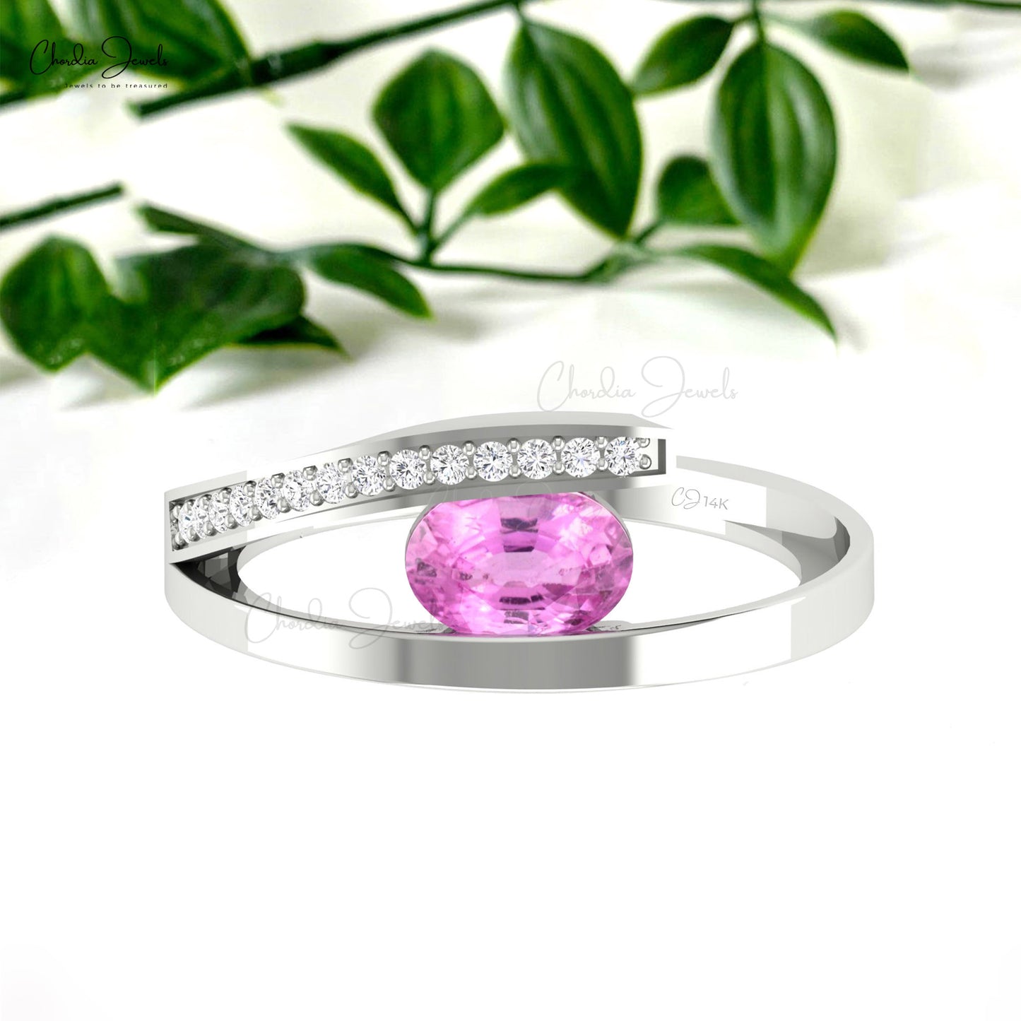 Gemstone Bypass Ring With 7x5mm Pink Sapphire And Diamond 14k Solid Gold Women Rings