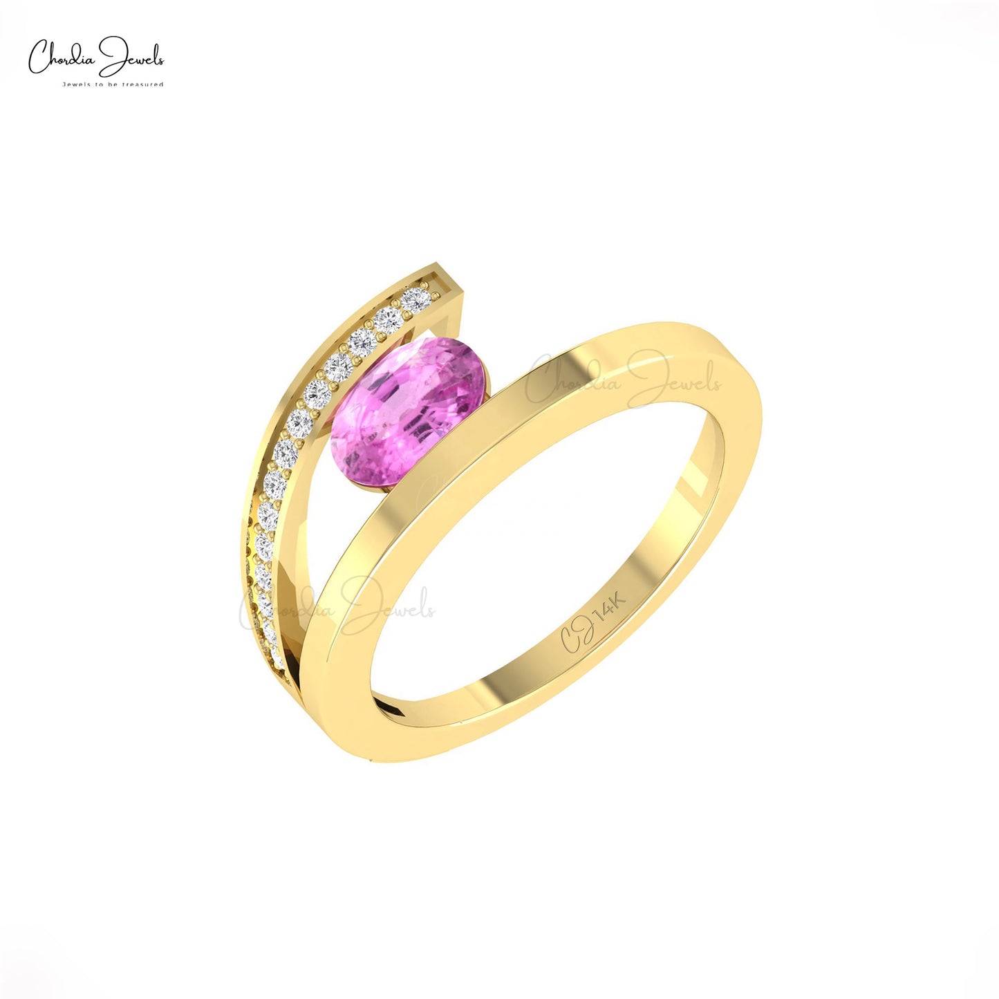 Genuine Pink Sapphire 7x5mm Gemstone And Dainty Diamond 14k Real Gold Bypass Ring