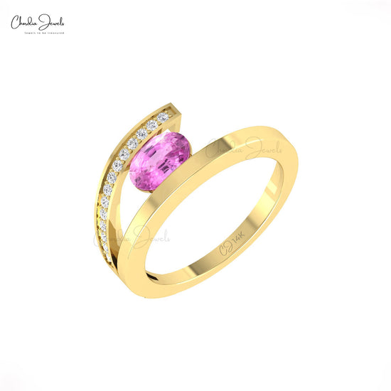 Gemstone Bypass Ring With 7x5mm Pink Sapphire And Diamond 14k Solid Gold Women Rings