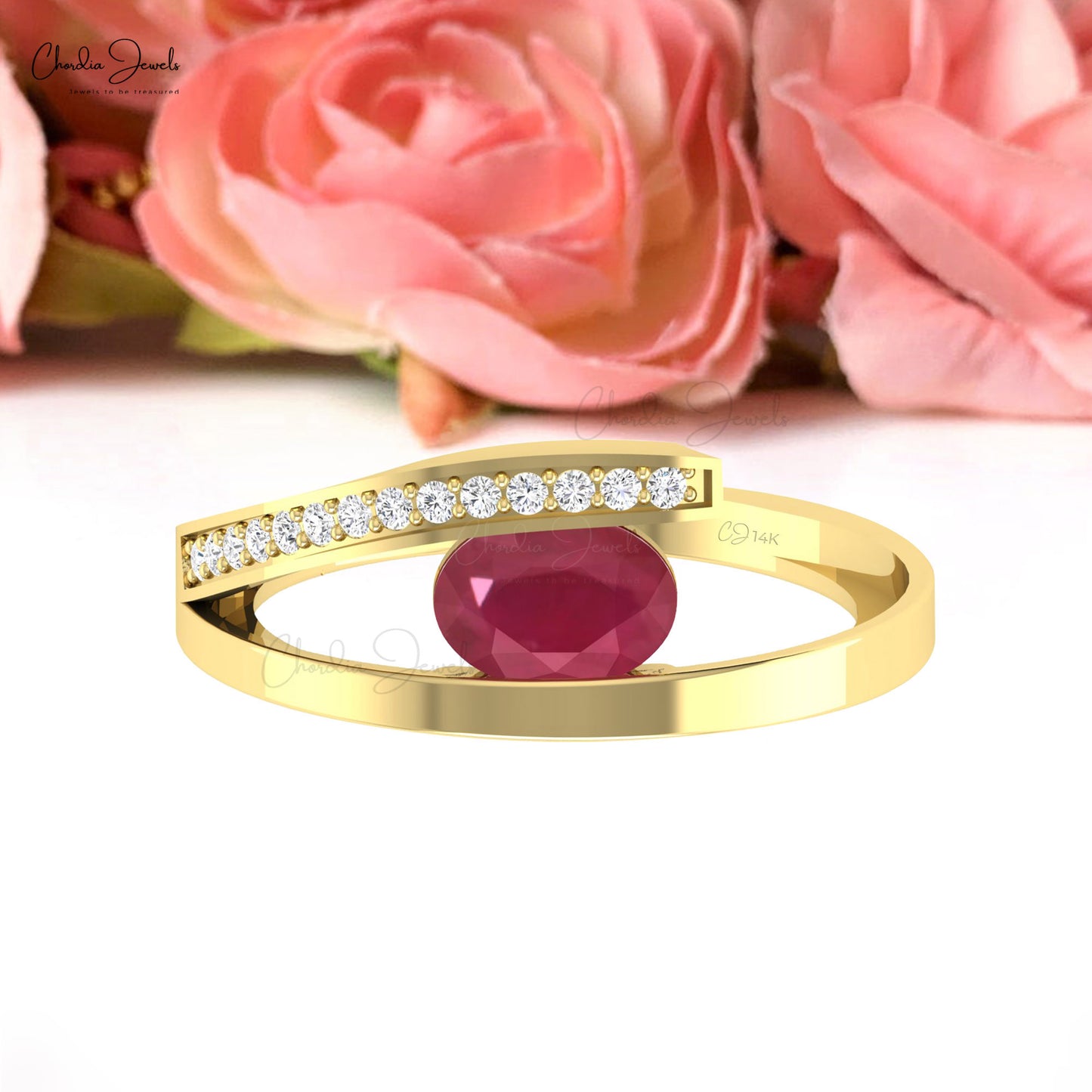 7x5mm Oval Ruby Gemstone & Diamond Accents In 14k Solid Gold Wedding Jewelry