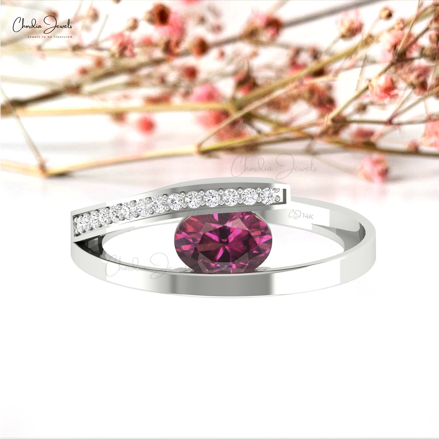 Solid 14k Gold Bypass Ring With 0.72 Ct Oval Rhodolite Garnet And G-H Diamond Split Shank Ring