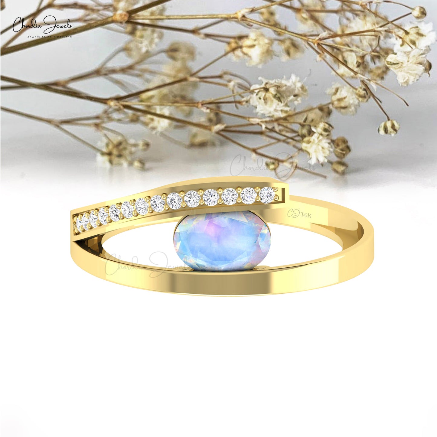 Oval Split Shank Ring In 14k Solid Gold Rainbow Moonstone And Diamond Bypass Wedding Ring