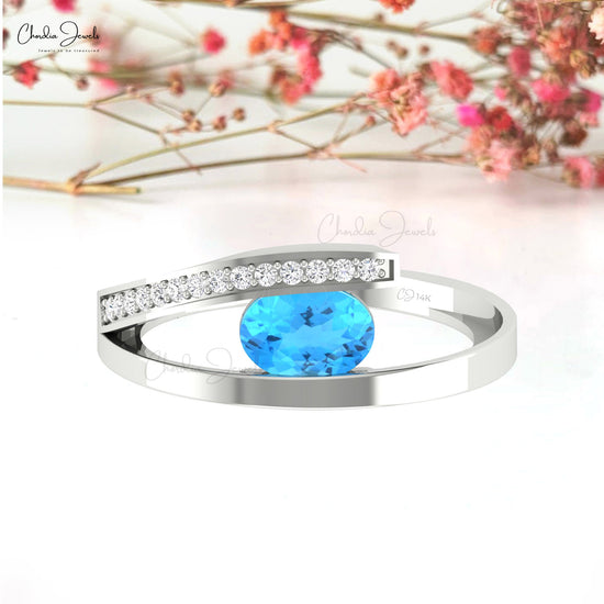 Oval Cut Bypass Wedding Ring In 14k Solid Gold Swiss Blue Topaz And Pave Diamond Ring