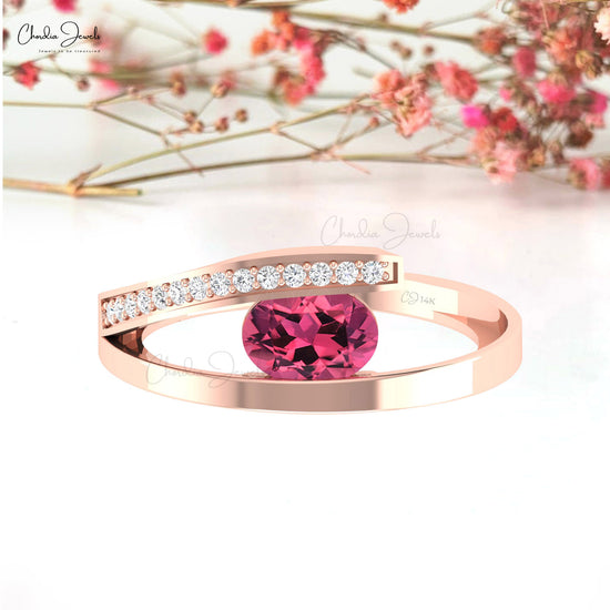 Split Shank 0.72 Ct Pink Tourmaline And Pave Diamond 14k Solid Gold Bypass Promise Ring