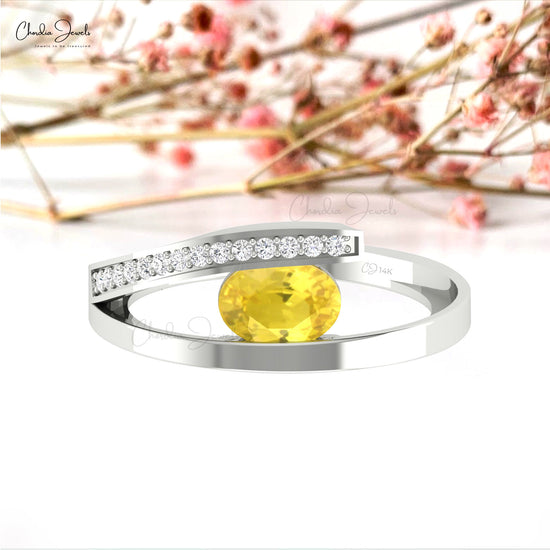 Oval Cut 1.1 Ct Yellow Sapphire And Diamond Bypass Ring in 14k Real Gold Fine Jewelry