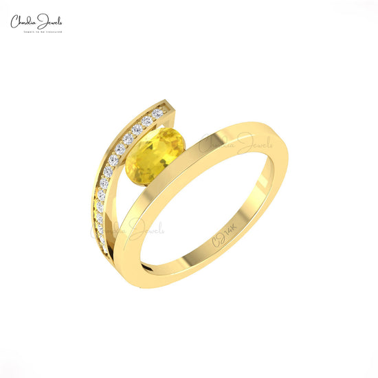 Oval Cut 1.1 Ct Yellow Sapphire And Diamond Bypass Ring in 14k Real Gold Fine Jewelry