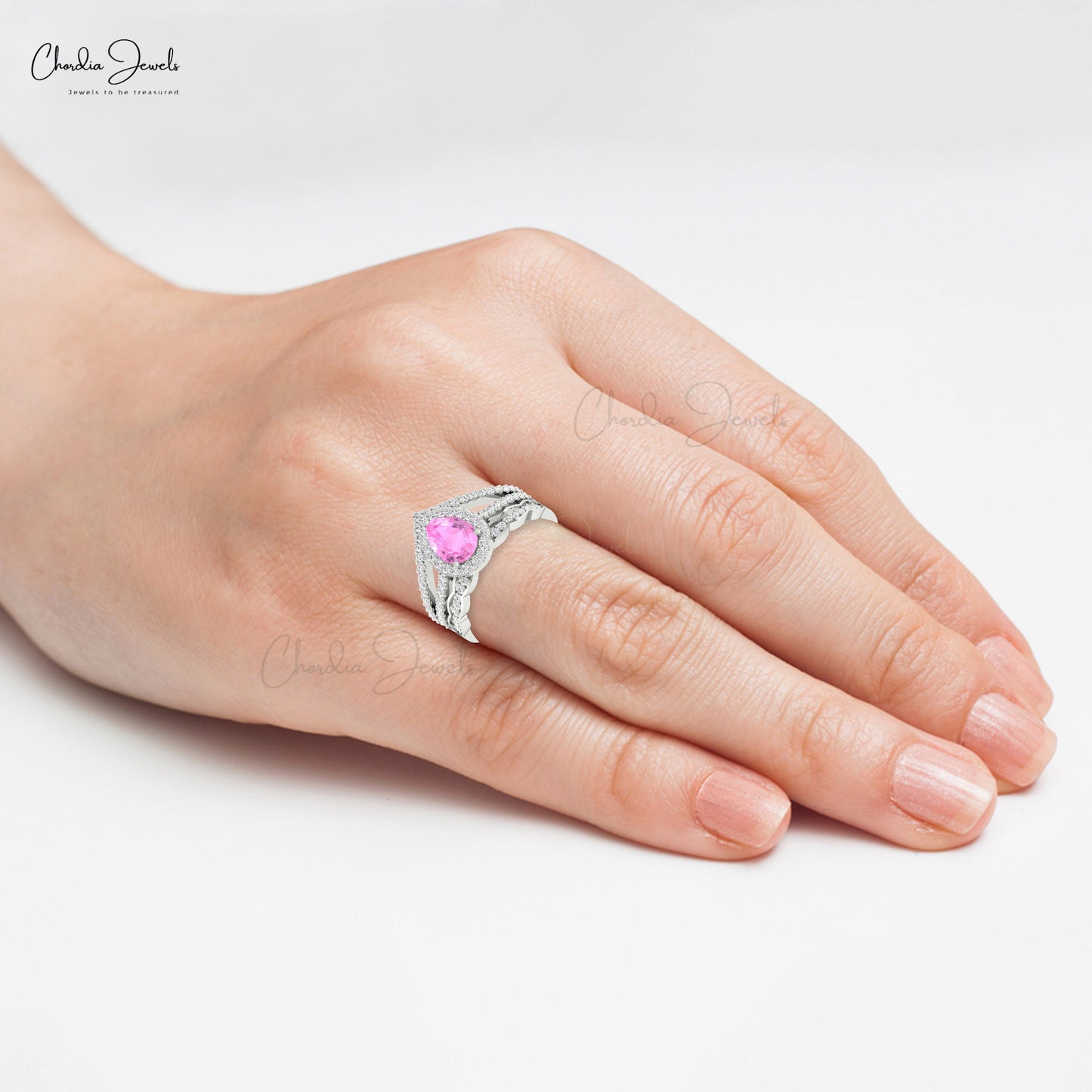 Multilayer Halo Ring In 14k Solid Gold With 8x6mm Pink Sapphire Diamond Split Shank Ring