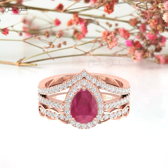 Halo 14k Solid Gold Engagement Ring With 1.5 Ct Ruby Gemstone And Diamond Split Shank Ring