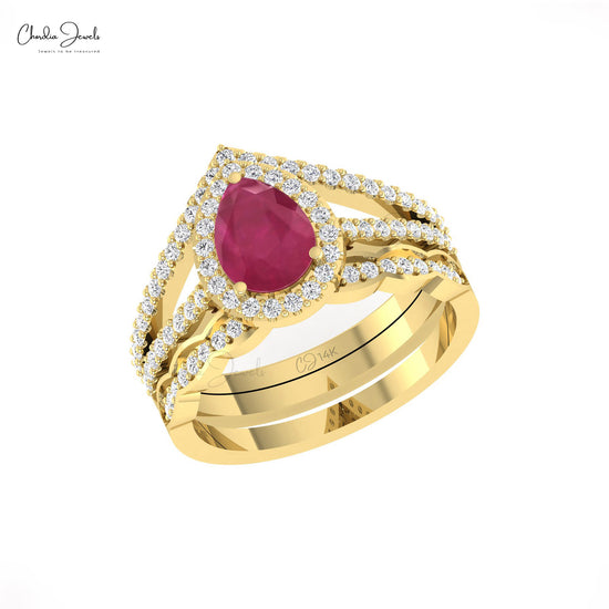 Halo 14k Solid Gold Engagement Ring With 1.5 Ct Ruby Gemstone And Diamond Split Shank Ring