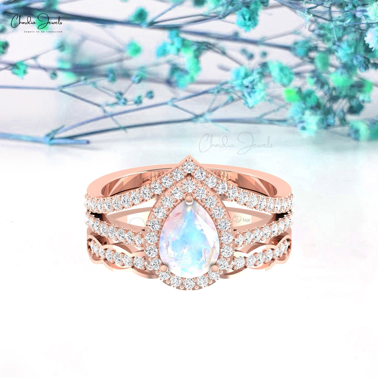 Split Shank 0.96 Ct Rainbow Moonstone And Diamond Halo 14k Gold Multilayer Ring