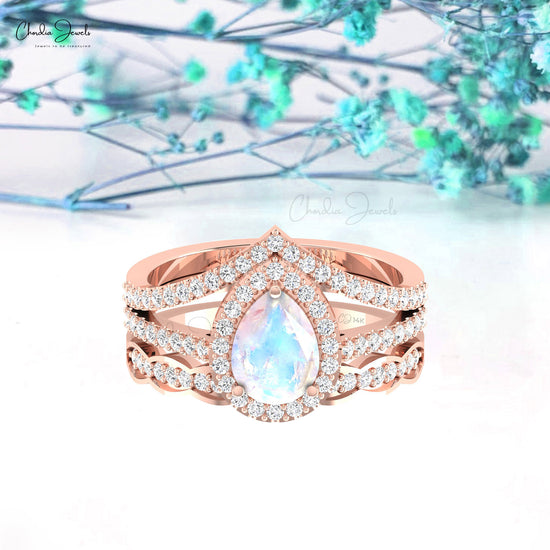 Split Shank 0.96 Ct Rainbow Moonstone And Diamond Halo 14k Gold Multilayer Ring