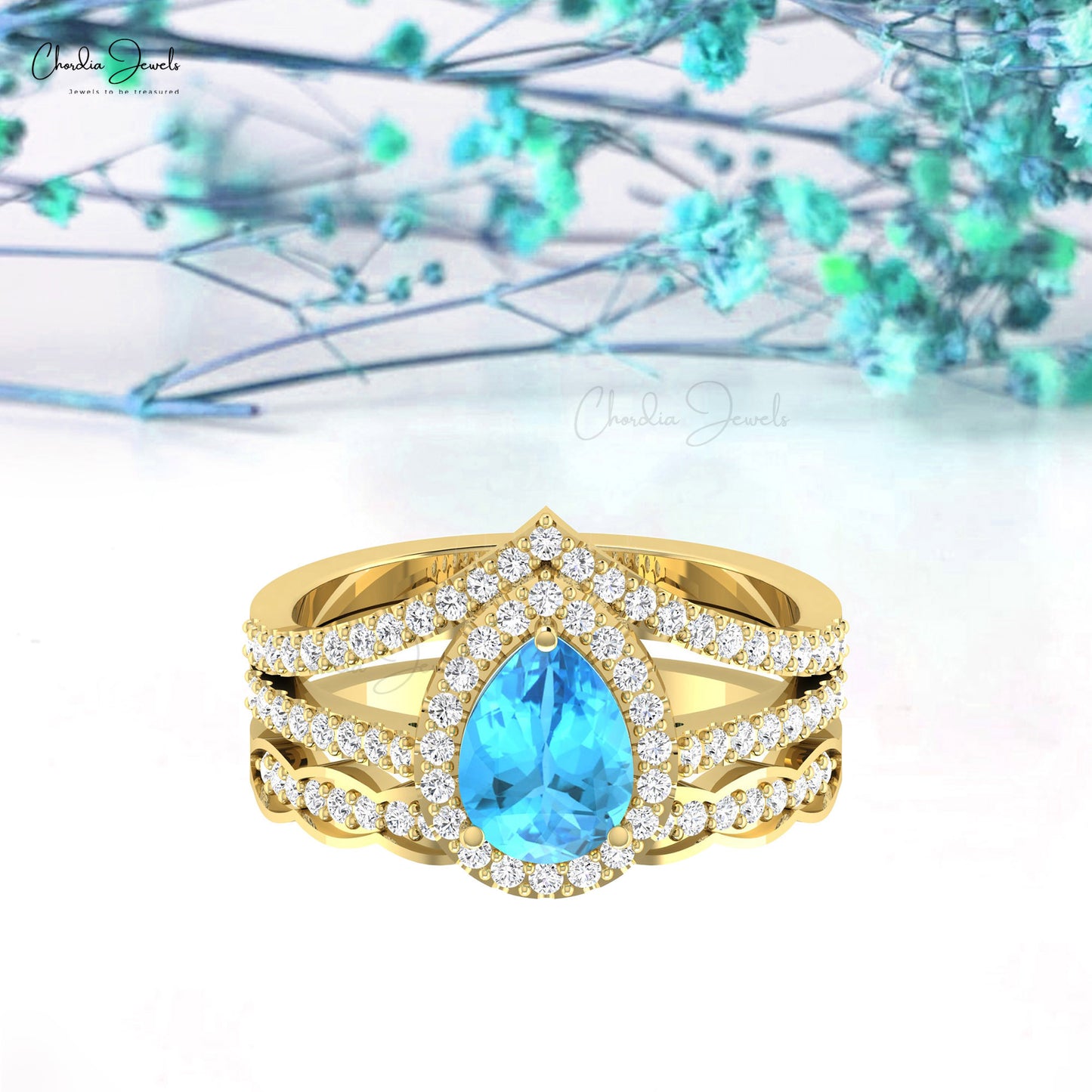 Solid 14k Gold Swiss Blue Topaz 8x6mm Gemstone And Diamond Multilayer Halo Ring