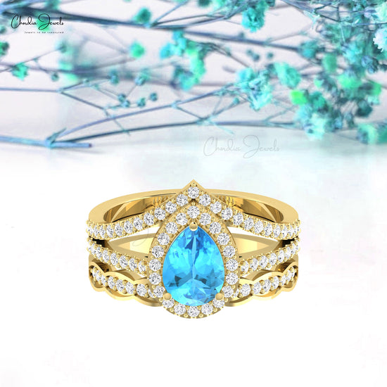 Solid 14k Gold Swiss Blue Topaz 8x6mm Gemstone And Diamond Multilayer Halo Ring