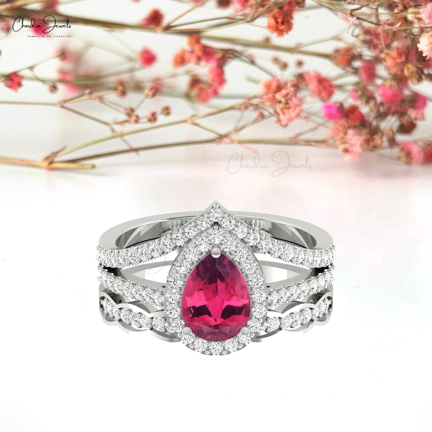 Multilayer Shank Ring In 14k Real Gold With Pear Pink Tourmaline And Diamond Halo Ring