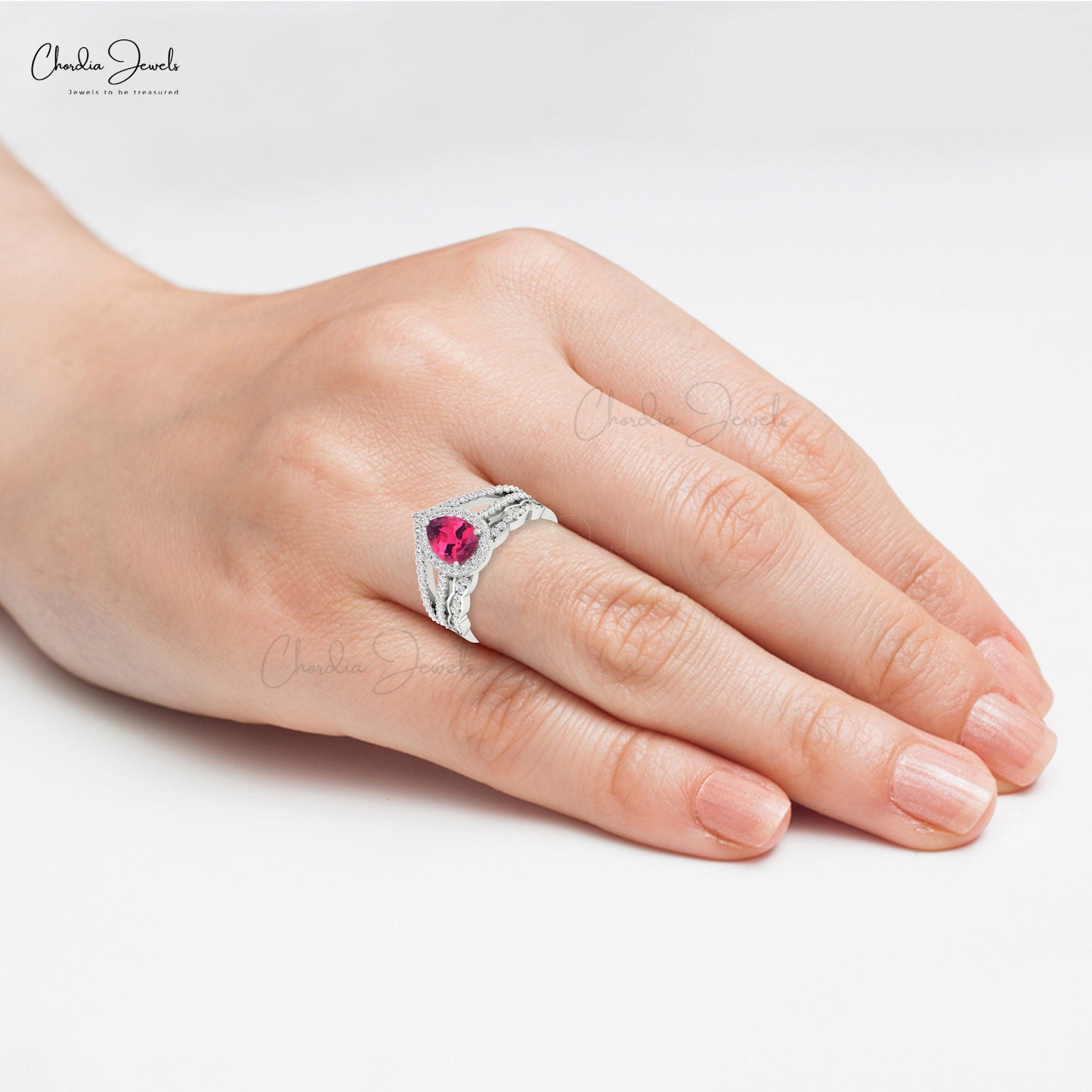 Multilayer Shank Ring In 14k Real Gold With Pear Pink Tourmaline And Diamond Halo Ring