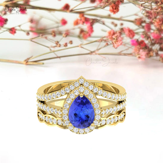Genuine 0.96Ct Tanzanite Multilayer Shank Ring With Real 14k Gold Diamond Halo Ring
