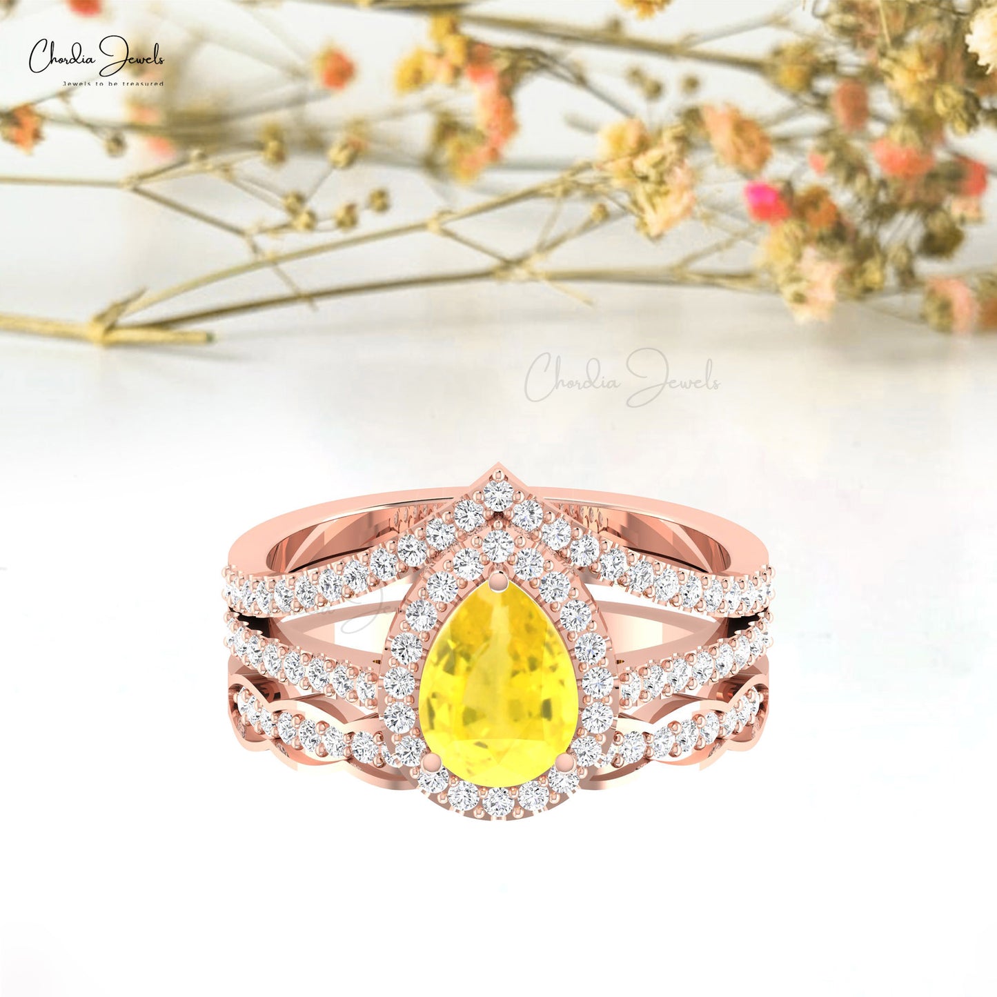 Real 14k Gold Halo Ring with 1.5 Ct Pear Cut Yellow Sapphire Diamond Split Shank Ring