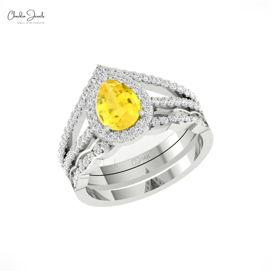 Real 14k Gold Halo Ring with 1.5 Ct Pear Cut Yellow Sapphire Diamond Split Shank Ring