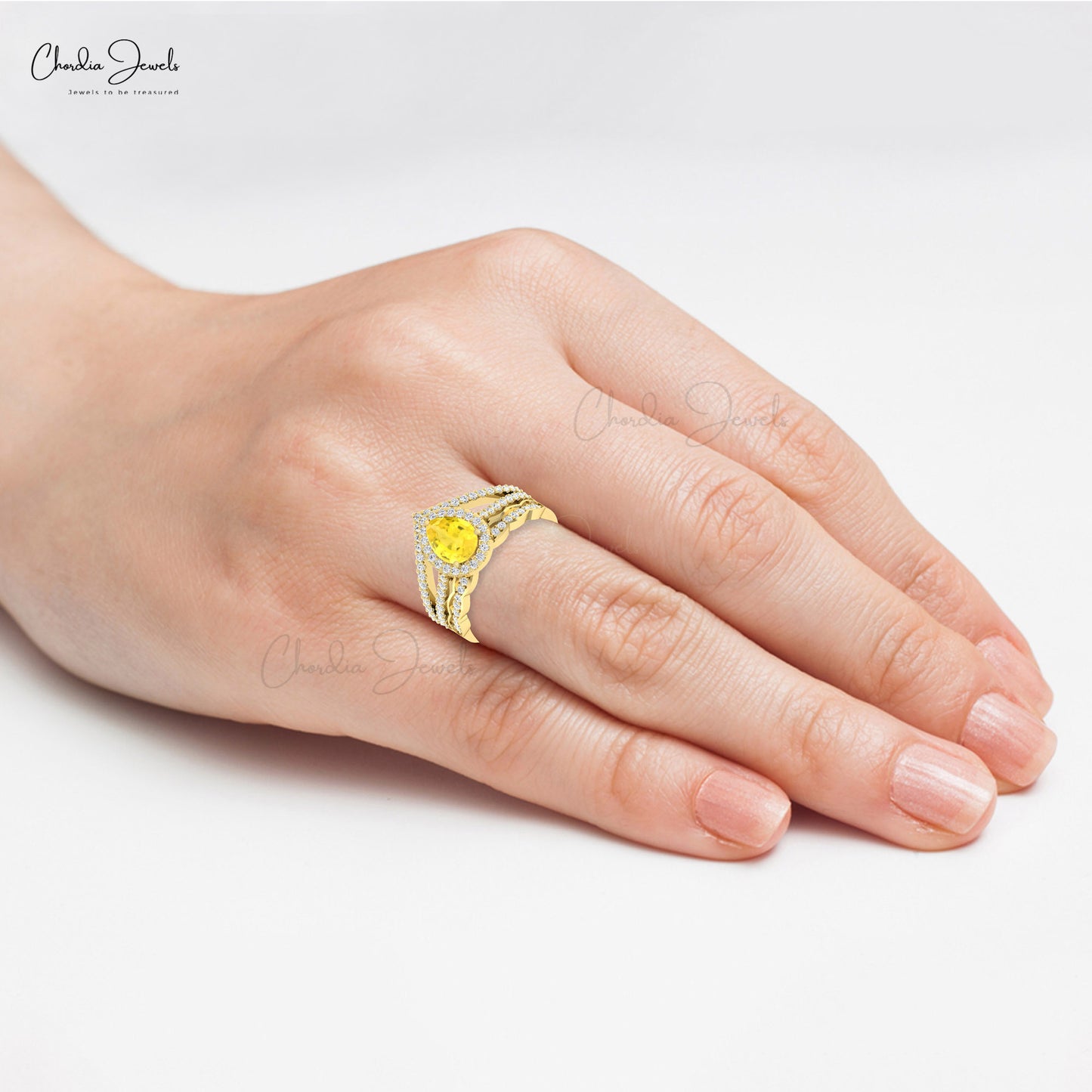 Real 14k Gold Halo Ring with 1.5 Ct Pear Cut Yellow Sapphire Diamond Split Shank Ring