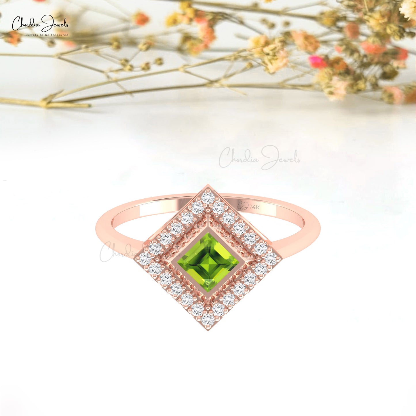 Halo Engagement Ring With 4mm Square Peridot And Diamond Accents in 14k Solid Gold Ring