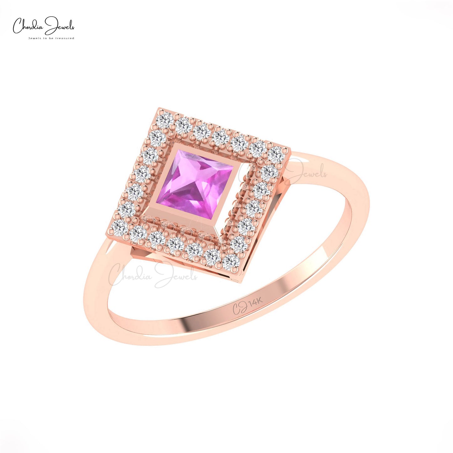 Halo 14k Real Gold With 4mm Square Pink Sapphire Diamond Halo Rings For Anniversary