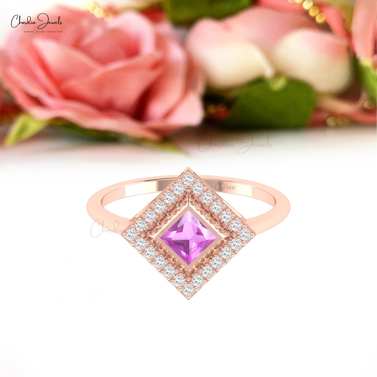 Halo 14k Real Gold With 4mm Square Pink Sapphire Diamond Halo Rings For Anniversary