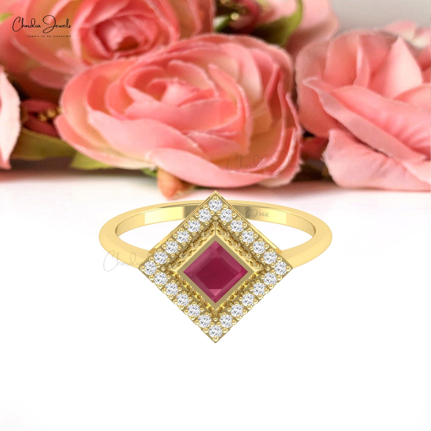 Halo Diamond Women Ring With 0.48 Ct Burma Ruby Bezel Set In 14k Pure Gold Fine Jewelry